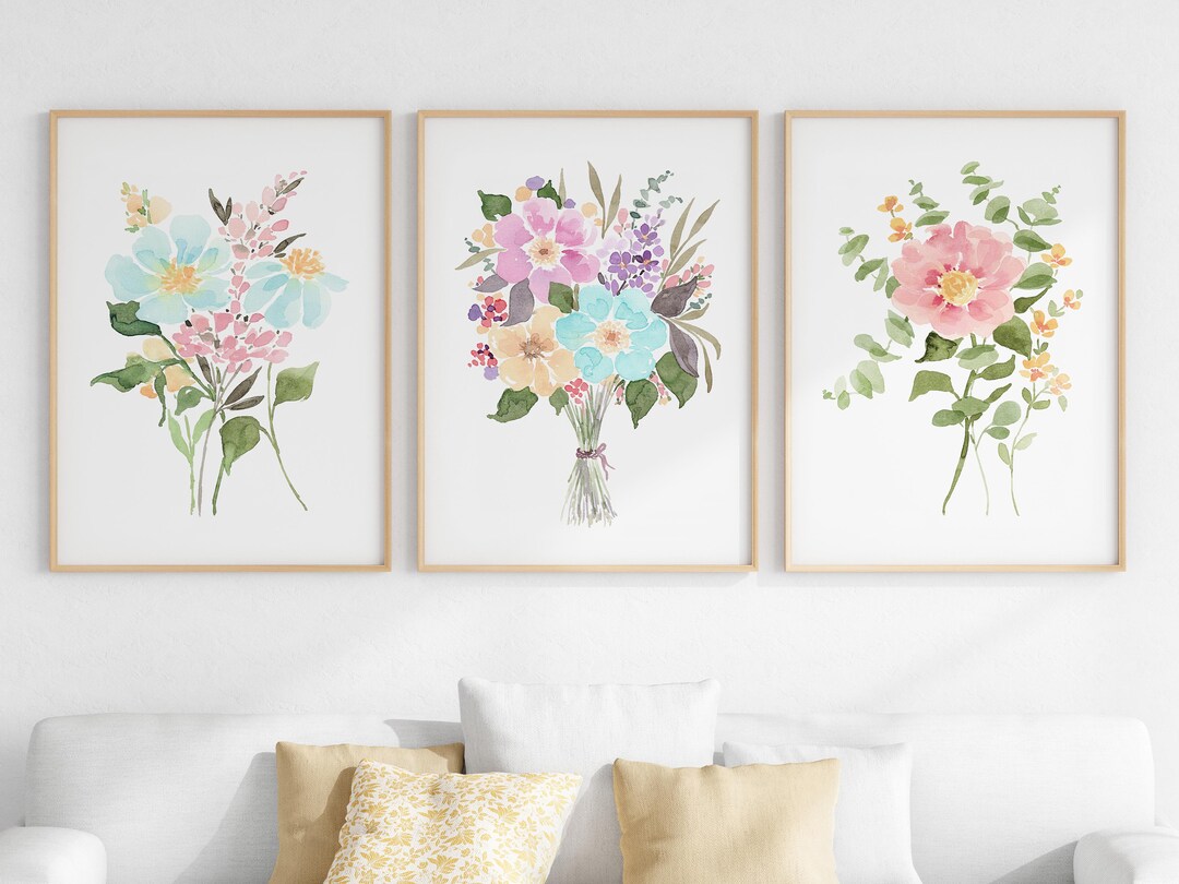 Bright Wildflower Wall Art Set of 3, Floral Watercolor Prints, Digital ...