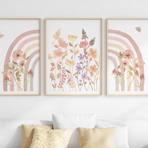 Boho Rainbow Wall Art Set of 3 Wildflower Girl Nursery - Etsy
