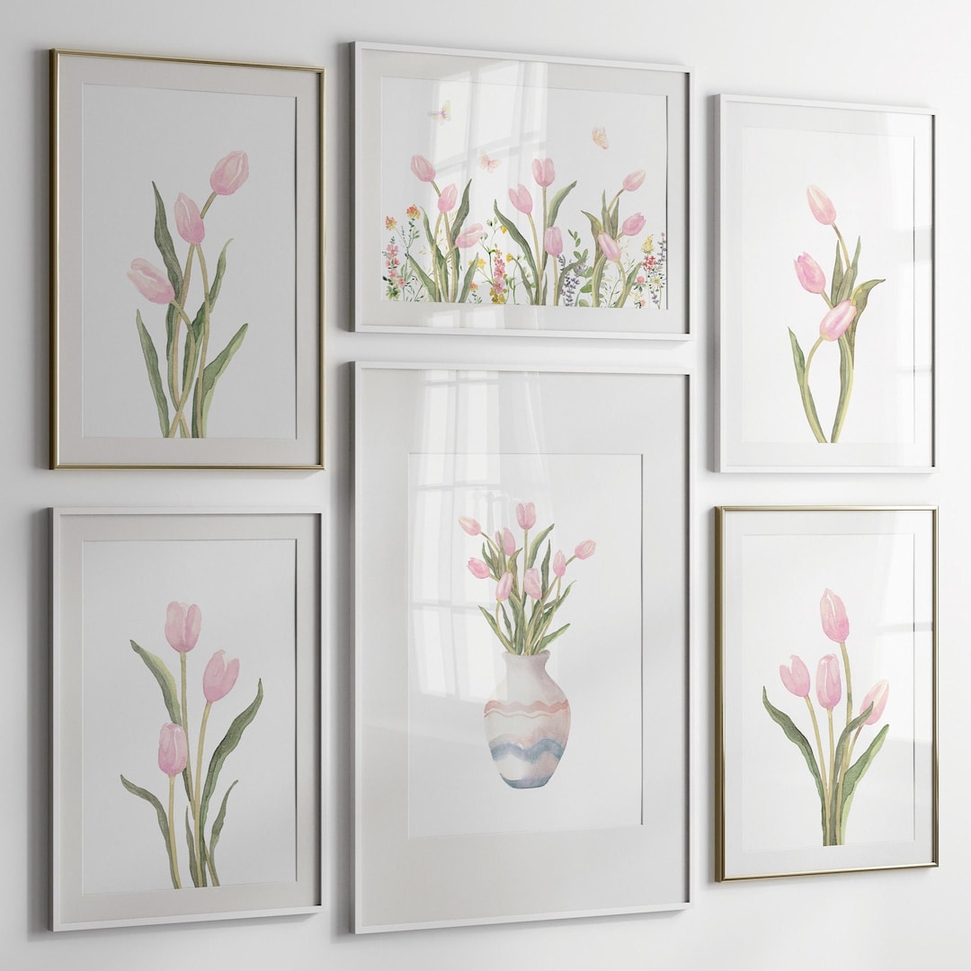 Pink Tulip Watercolor Print Set: Botanical Gallery Wall Art (digital ...