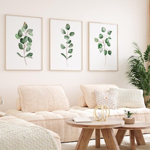 Eucalyptus muurkunst set van 3 minimalistische botanische prints groen aquarel bloemen eenvoudige plant artwork woonkamer decor digitale download