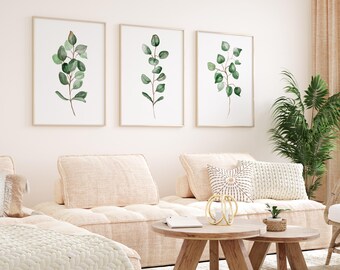 Set de impresiones de acuarela de eucalipto: Arte minimalista con vegetación (descarga digital)