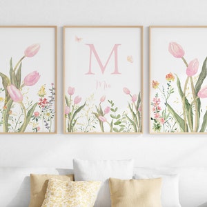 Juego de 3 impresiones de flores para guardería, Letra floral personalizada y arte de pared con nombre, Decoración personalizada de habitación de bebé para niña, Arte de descarga digital