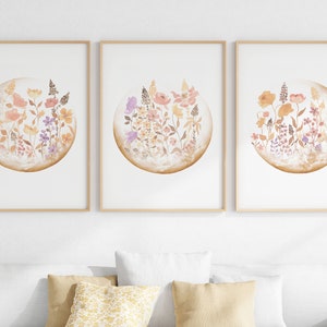 Boho Wildflower Moon Wall Art, Neutral Moon Phases Print Set Of 3, Printable Floral Moon Watercolors, Digital Download
