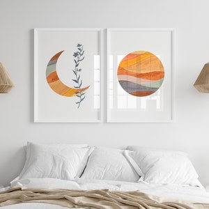 Boho Sun and Moon Wall Decor, 2 Piece Wall Art for Bedroom, Printable ...