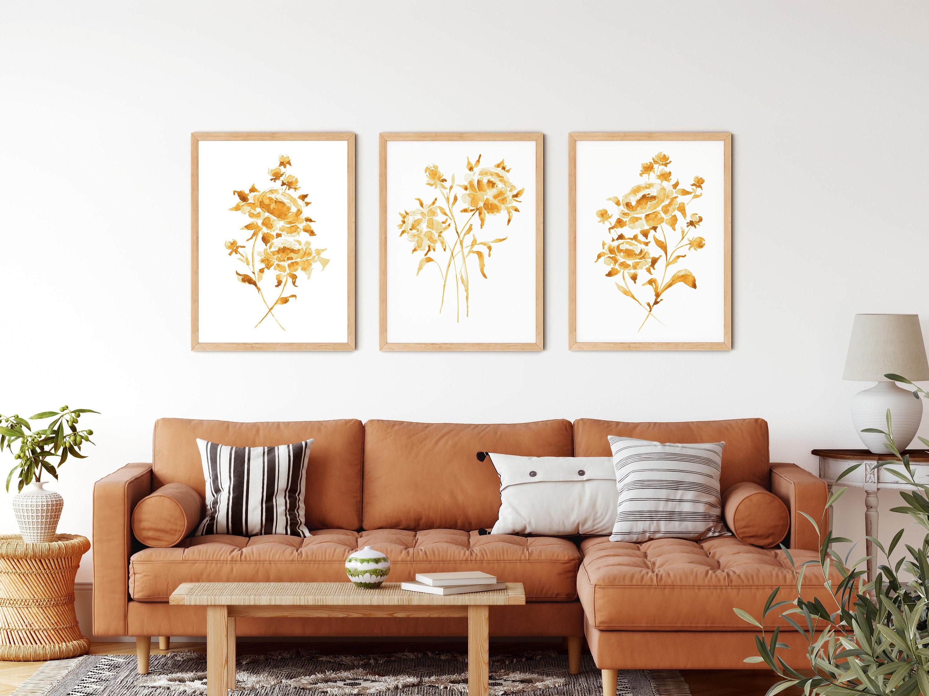 Burnt Orange Flower Wall Art Set of 3 Peony Watercolor Etsy