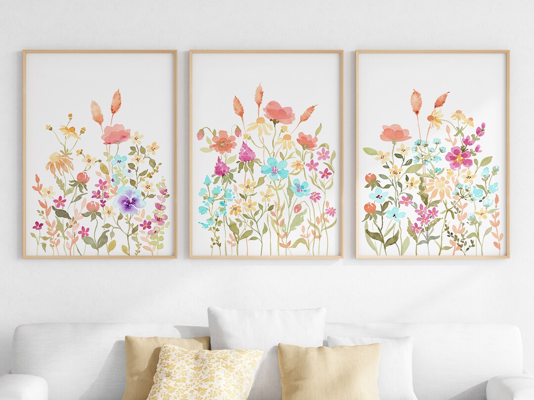 Colorful Floral Watercolor Print Set of 3 Wildflower Wall - Etsy