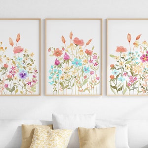 Colorful Floral Watercolor Print Set of 3, Wildflower Wall Art ...