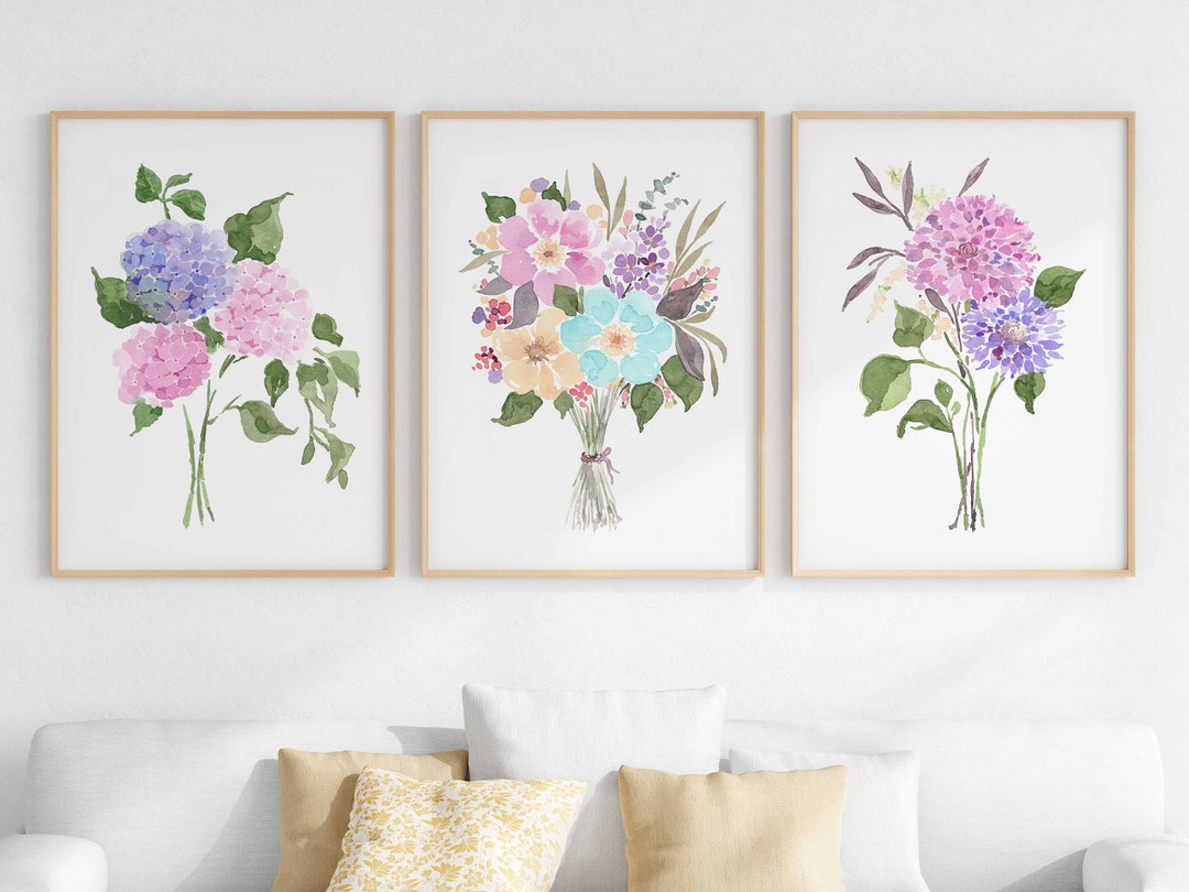 Floral Watercolor Print Set of 3, Flower Bouquets Wall Art, Colorful ...