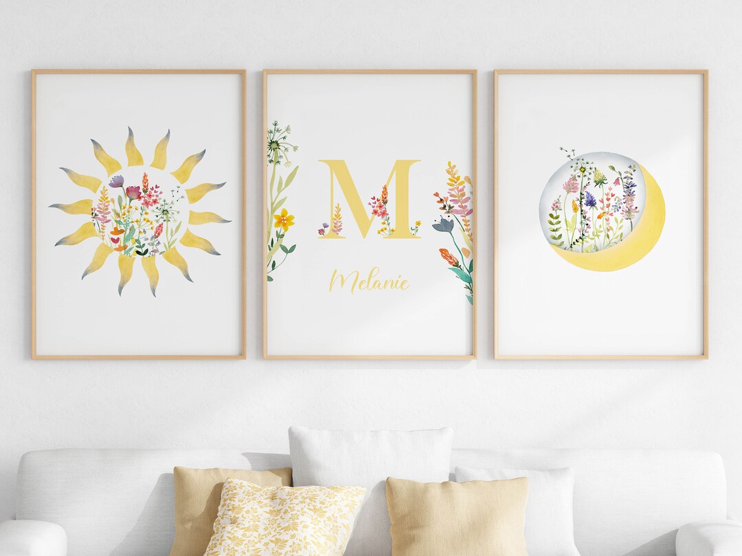 Floral Sun and Moon Nursery Wall Art Set of 3, Wildflower Initial ...