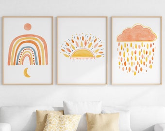 Boho Nursery Decor, Rainbow Sun Cloud Wall Art, Boho Kids Decor, Sunshine Rainbow Nursery, Printable Wall Art