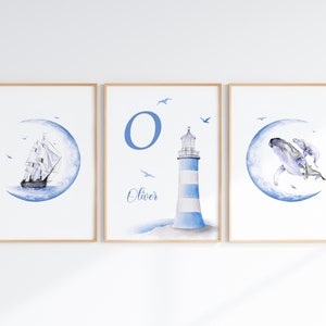 Sinal náutico do nome do berçário para meninos, conjunto de arte de parede com 3 quartos de meninos com tema oceano, nome personalizado do bebê, letra inicial, download instantâneo