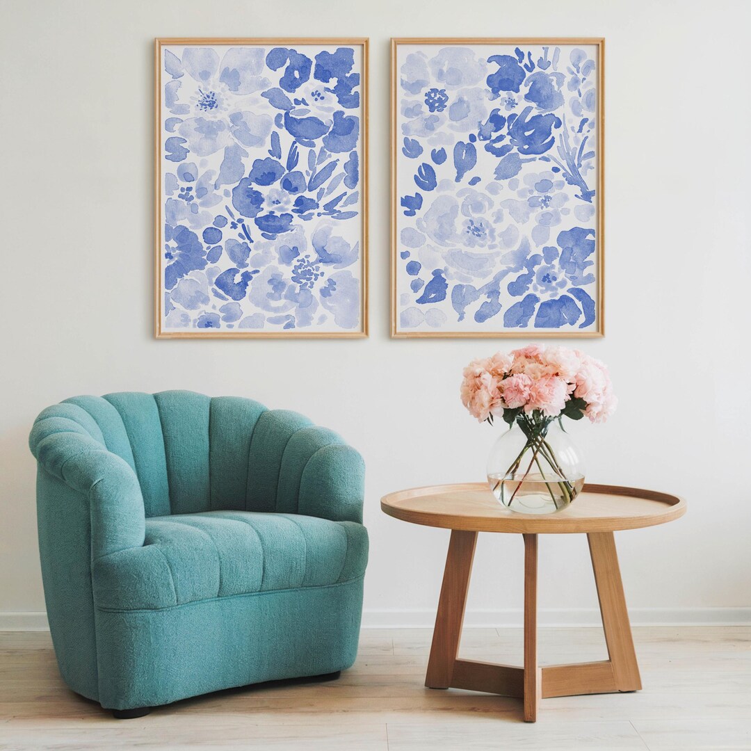 Blue Floral Watercolor Prints: Chinoiserie Wall Art Set (digital ...