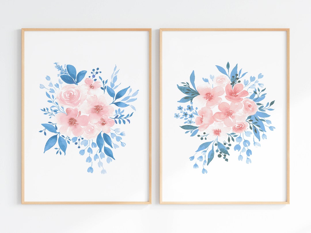Blue and Pink Flower Wall Art Set of 2, Watercolor Floral Prints