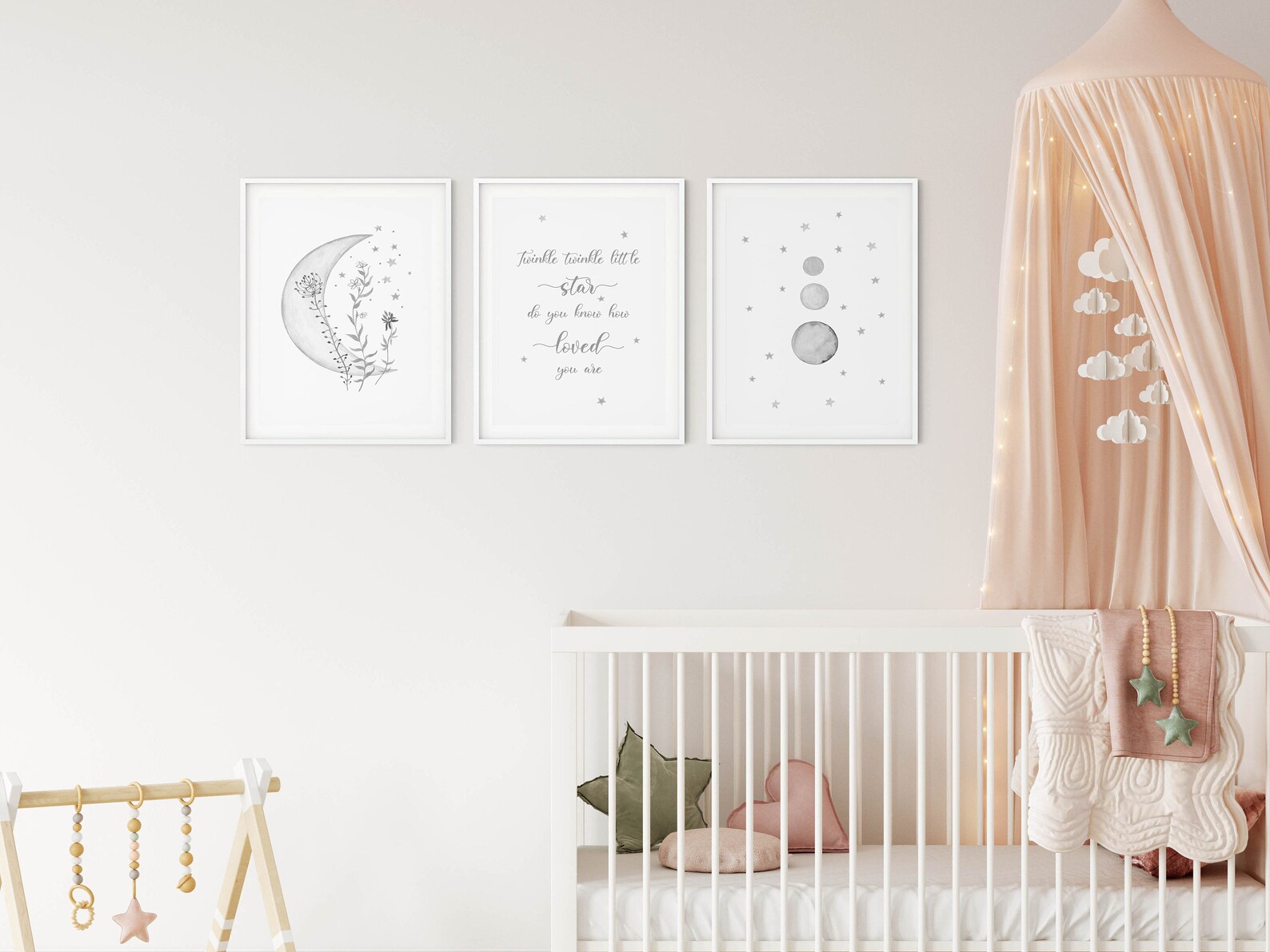 Grey Moon and Stars Nursery Wall Art Set of 3, Baby Room Quote, Twinkle