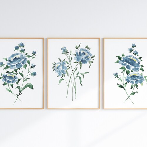 Blue White Abstract Flower Printable Wall Art Set Instant Etsy
