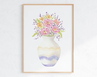 Wildflowers In Vase Watercolor Artwork, Printable Floral Bouquet Poster, Digital Download Flower Print