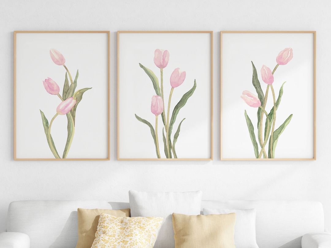 Tulips Wall Art Set of 3 Watercolor Prints, Spring Flower Decor, Simple ...