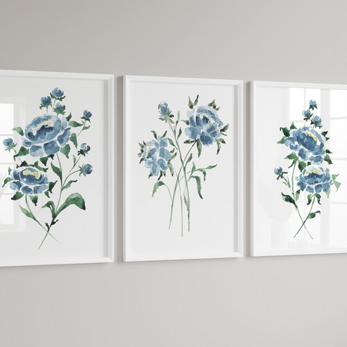 Set of 3 Navy Blue Botanical Prints Indigo Blue Watercolor - Etsy