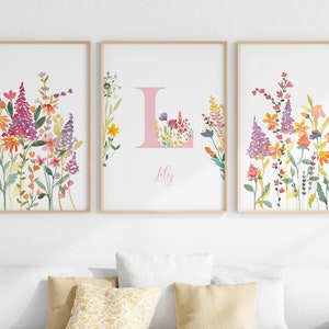 Initial Nursery Art Floral, Wildflower Girl Nursery Wall Art Set Of 3, Personalized Baby Name With Flowers Watercolor, Instant Download