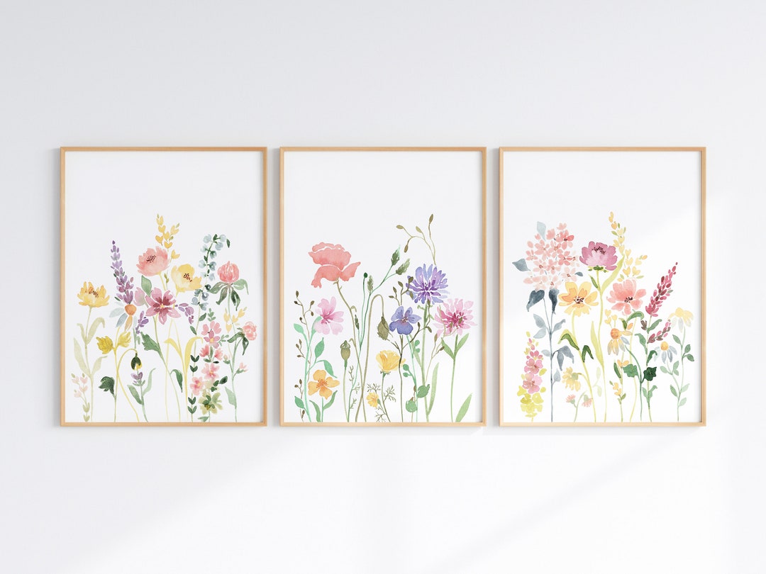 Wall Art Set of 3 Colorful Wildflower Watercolor Prints, Floral Posters ...