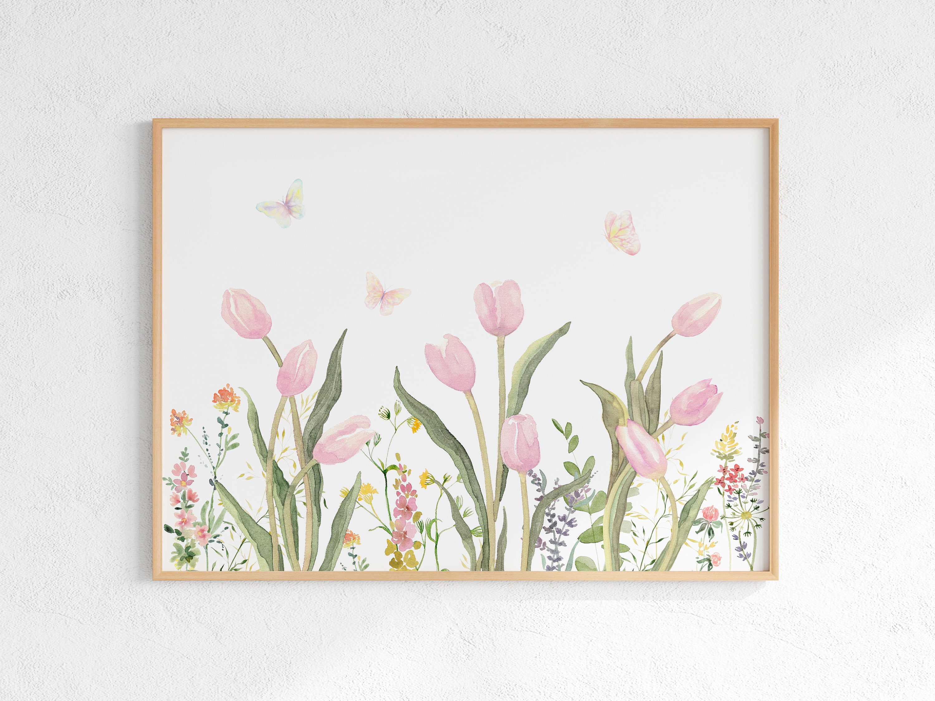 Tulips Watercolor Print Flower Wall Art Tulips With Butterflies ...