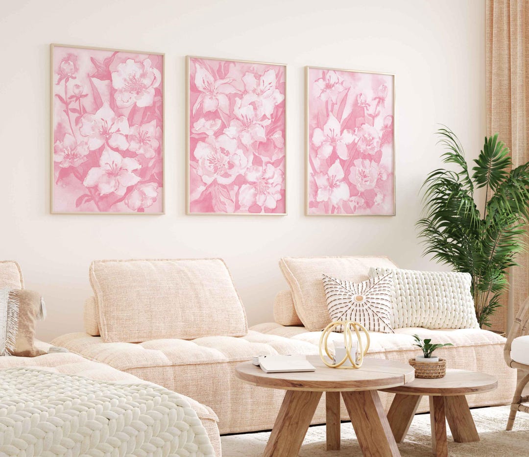 Light Pink Flower Wall Art Chinoiserie Prints Set of 3 Girl College ...