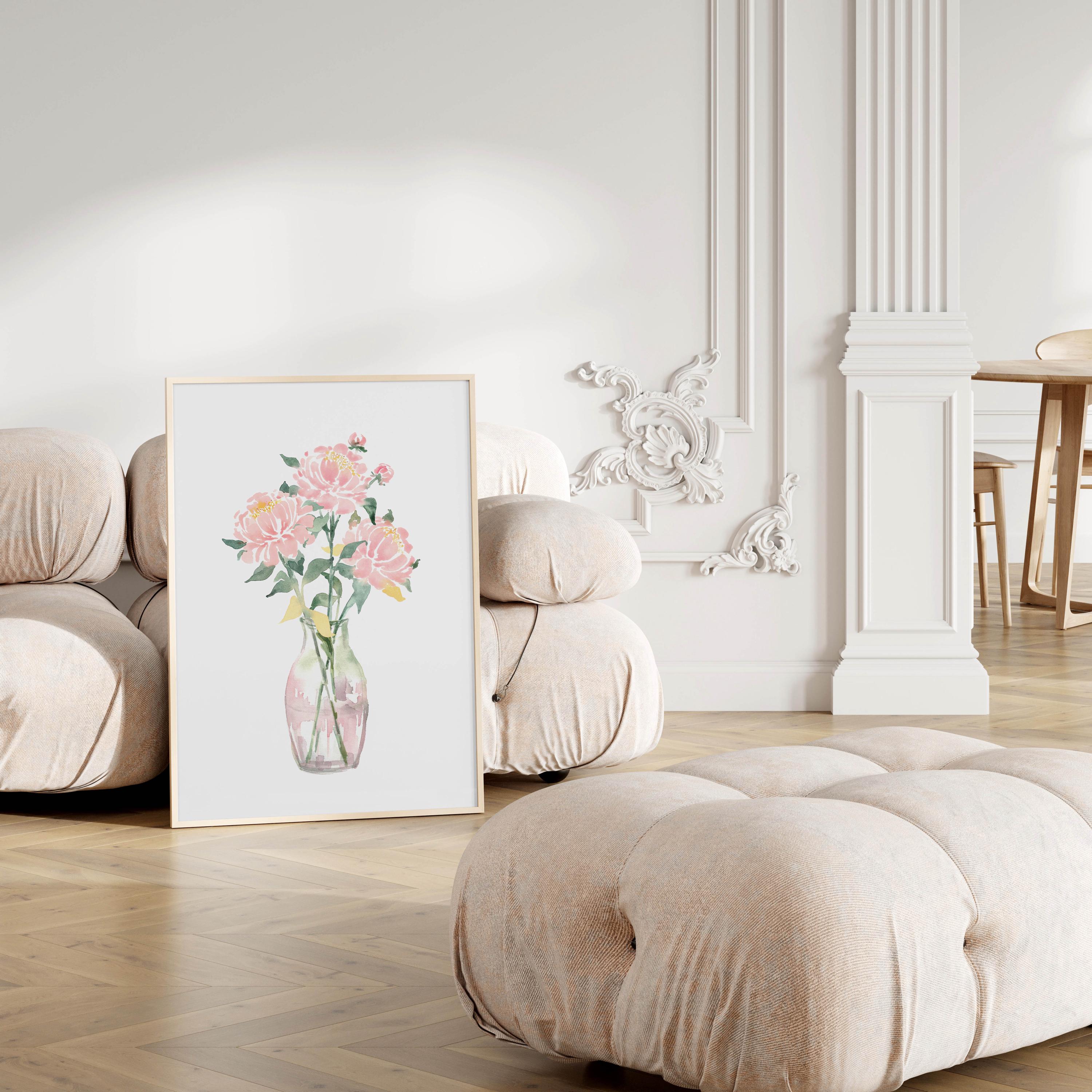 Pink Peony Vase Watercolor Print: Cottagecore Floral Wall Art (digital ...