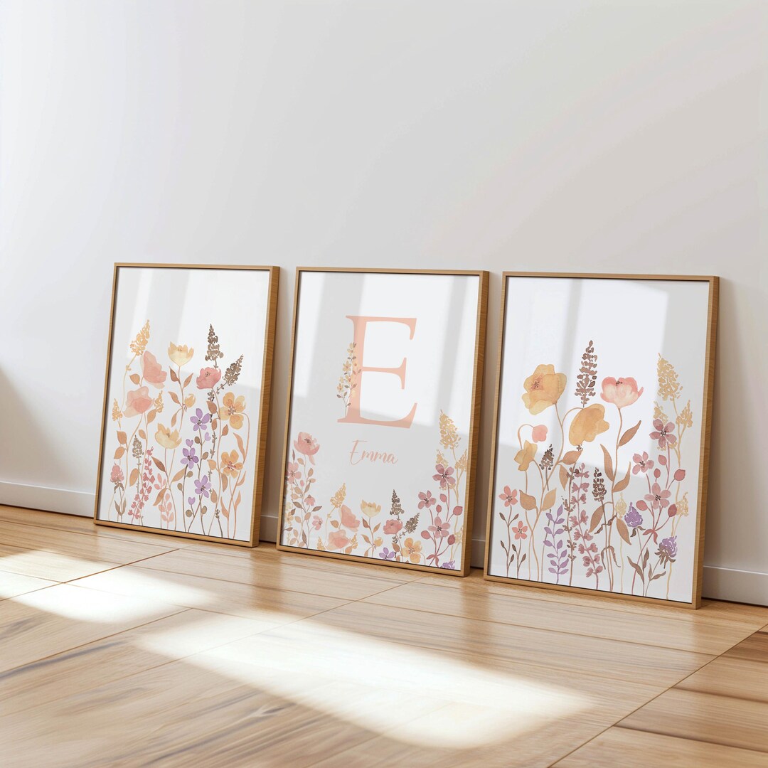 Boho Wildflower Nursery Prints: Custom Baby Girl Name Wall Art Floral ...