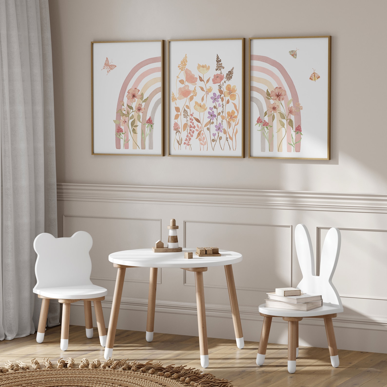 Boho Rainbow Wall Art Set of 3 Wildflower Girl Nursery Prints Rainbow ...