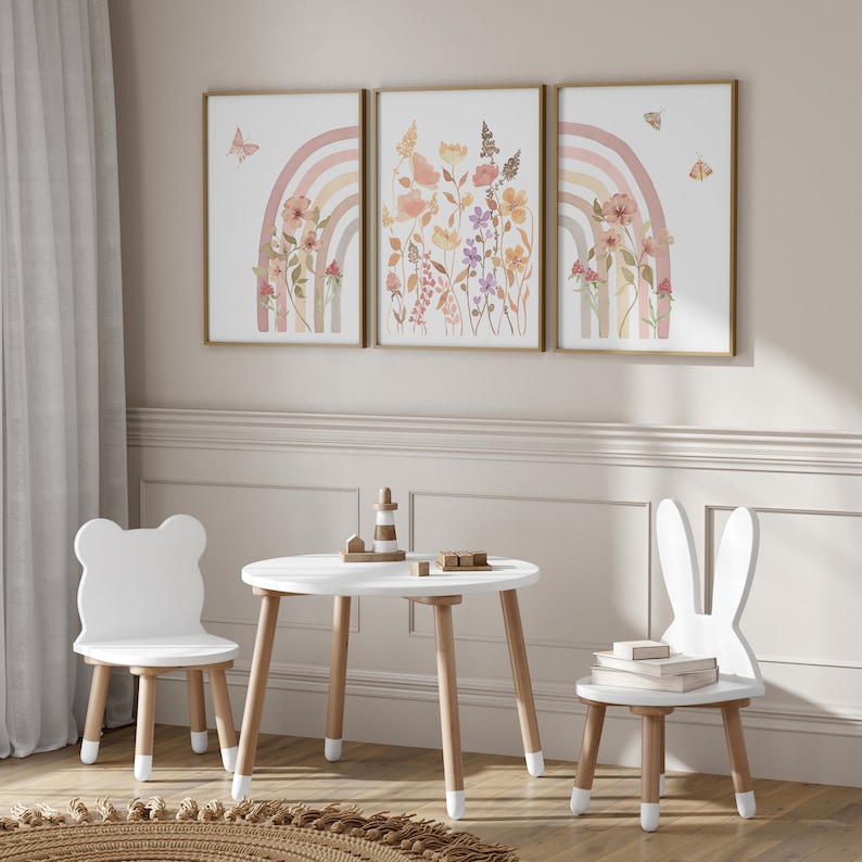 Boho Rainbow Wall Art Set of 3 Wildflower Girl Nursery Prints Rainbow ...