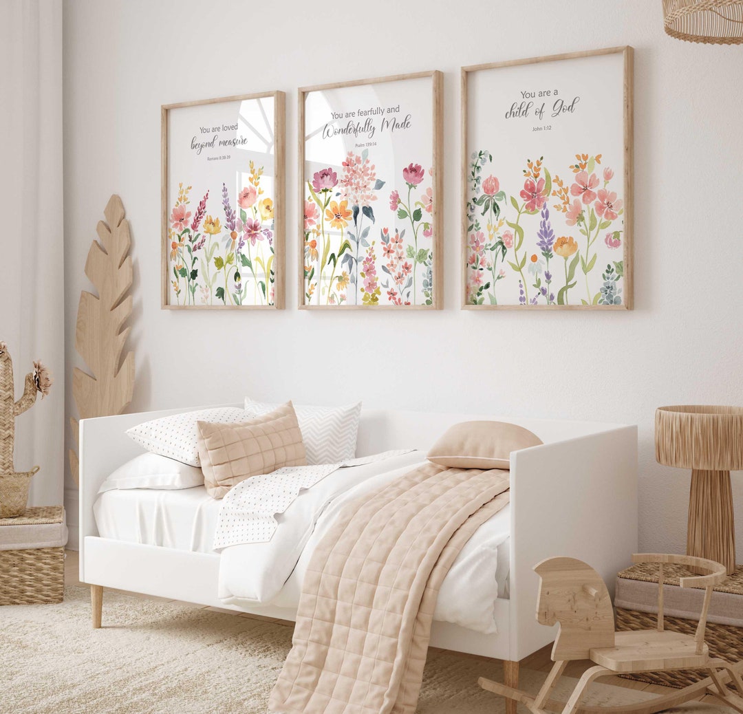 Wildflower Christian Nursery Decor Girl Bible Verse Wall Art Set of 3 ...