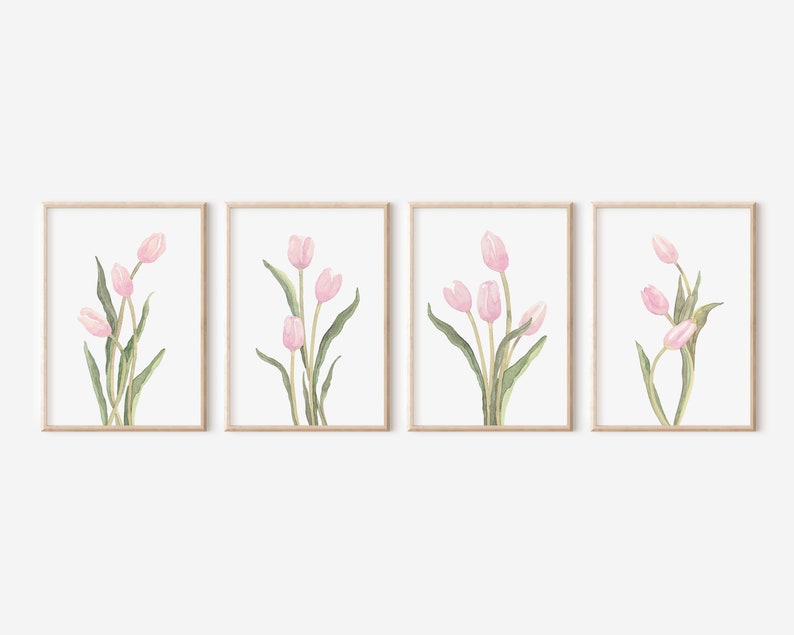 Juego de 4 impresiones de tulipanes rosa pastel, galería floral minimalista de pared, decoración botánica sencilla imagen 12