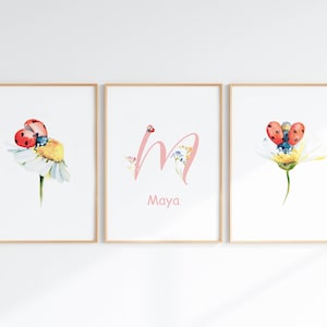 Ladybug Nursery Decor, Girl Initial Name Wall Set Of 3, Printable Ladybug On Flower Watercolor, Digital Download, Baby Girl Nursery