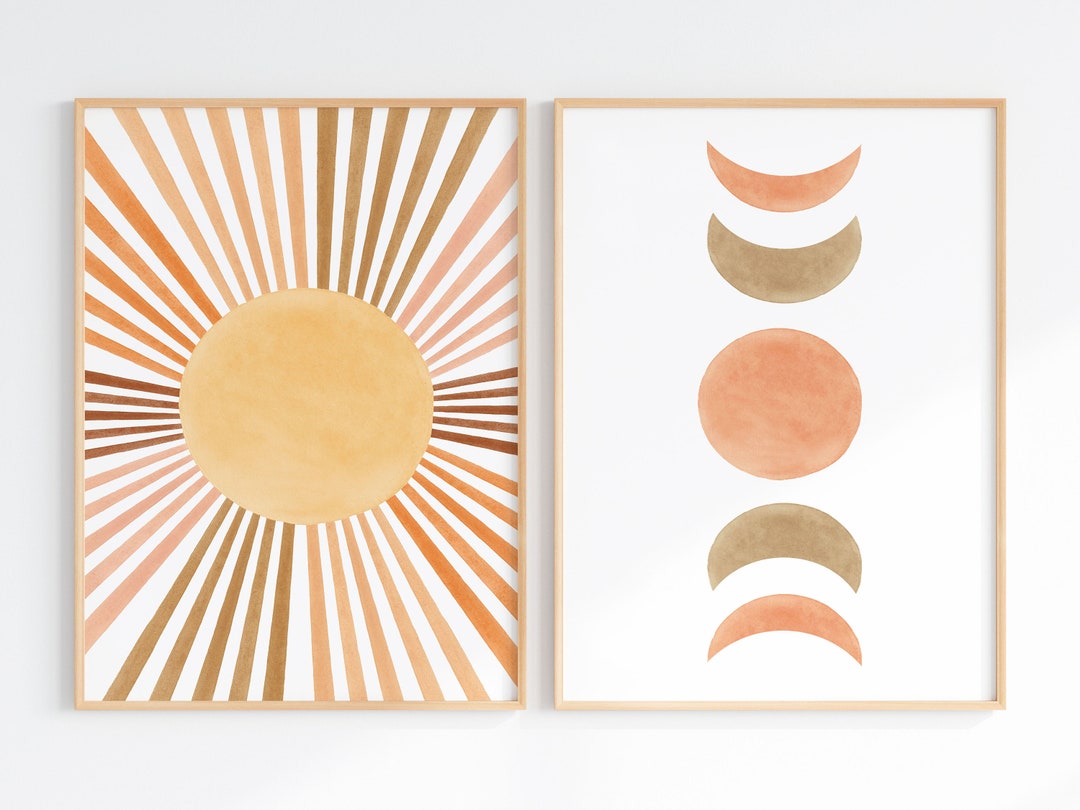Sun and Moon Print Set of 2 Mid Century Modern Art, Terracotta Wall Art ...