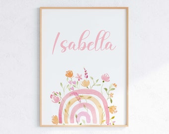Gepersonaliseerde meisjesnaamafdruk: boho regenboog wilde bloemen kinderkamerkunst (digitale download)