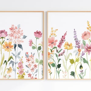 Printable Wildflower Watercolors, Floral Digital Download Prints, 2 Piece Wall Art Set