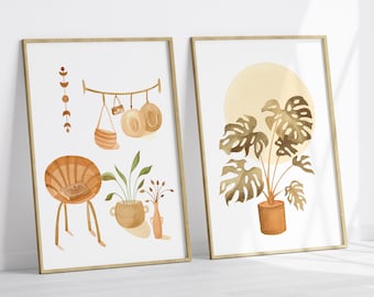 Boho Botanical Wall Art Set Of 2, Printable Bohemian Decor, Abstract Plant Posters, Neutral Warm Color Wall Art, Digital Download