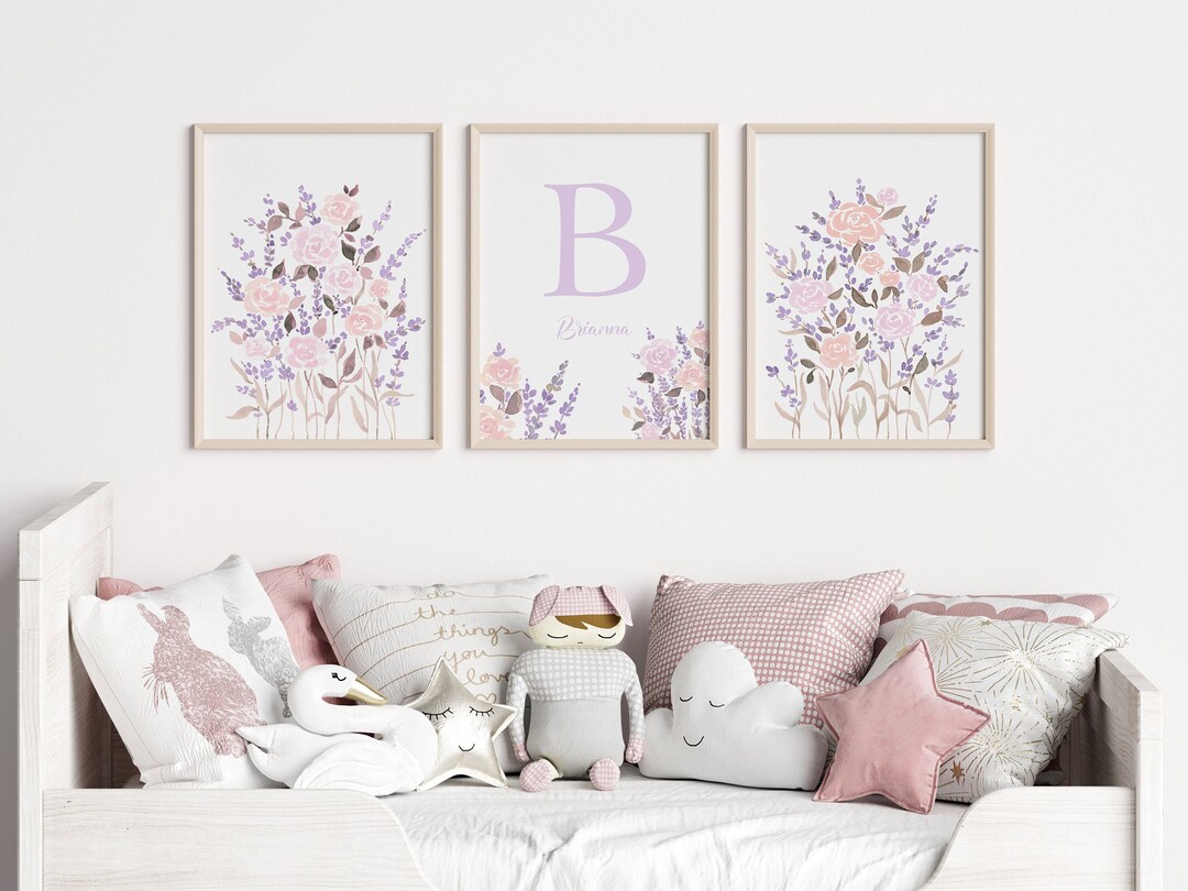 Soft Lavender Floral Nursery Wall Art Set of 3, Pastel Lilac Baby Girl ...
