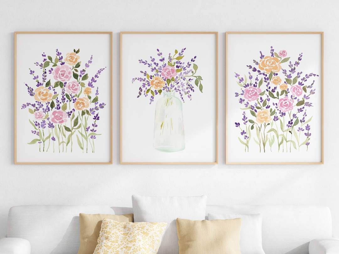 Lavender Watercolor Print Set of 3, Purple Wildflowers Wall Art