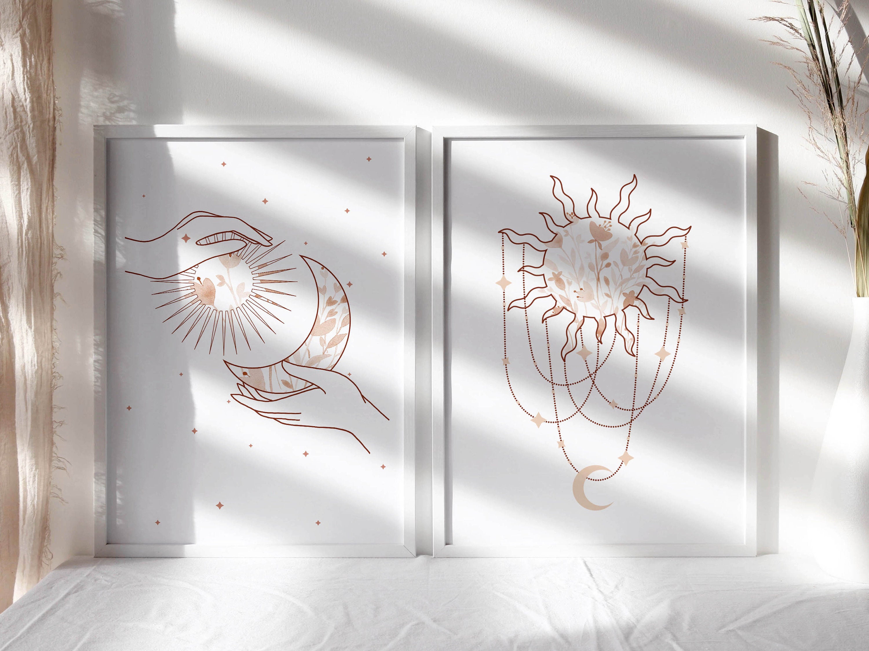 Boho Sun and Moon Line Art Print Set: Celestial Decor (digital Download ...