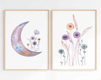 Purple Moon Watercolor Print Set Of 2, Celestial Kids Room Decor, Flower Moon Nursery Wall Art, Digital Download