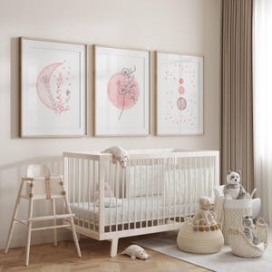 Light Pink Moon And Stars Nursery Decor Baby Girl Room Wall Art Set Of 3 Starry Night Watercolor Boho Celestial Decor Digital Download Art