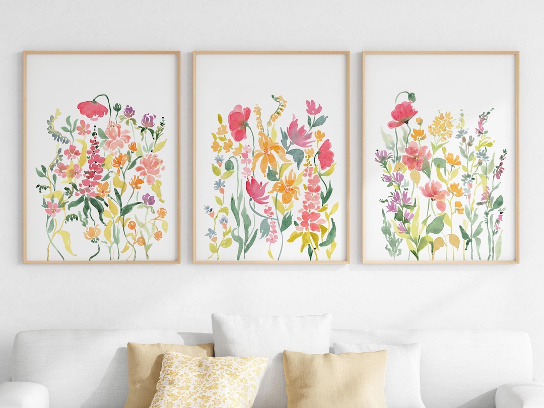 Colorful Floral Prints, Wall Art Set of 3 Wildflower Watercolors ...