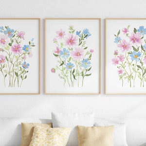 Pink And Blue Flower Wall Art Set Of 3, Floral Watercolor Prints, Printable Wildflower Artwork, Digital Download