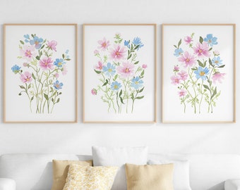 Pink And Blue Flower Wall Art Set Of 3, Floral Watercolor Prints, Printable Wildflower Artwork, Digital Download