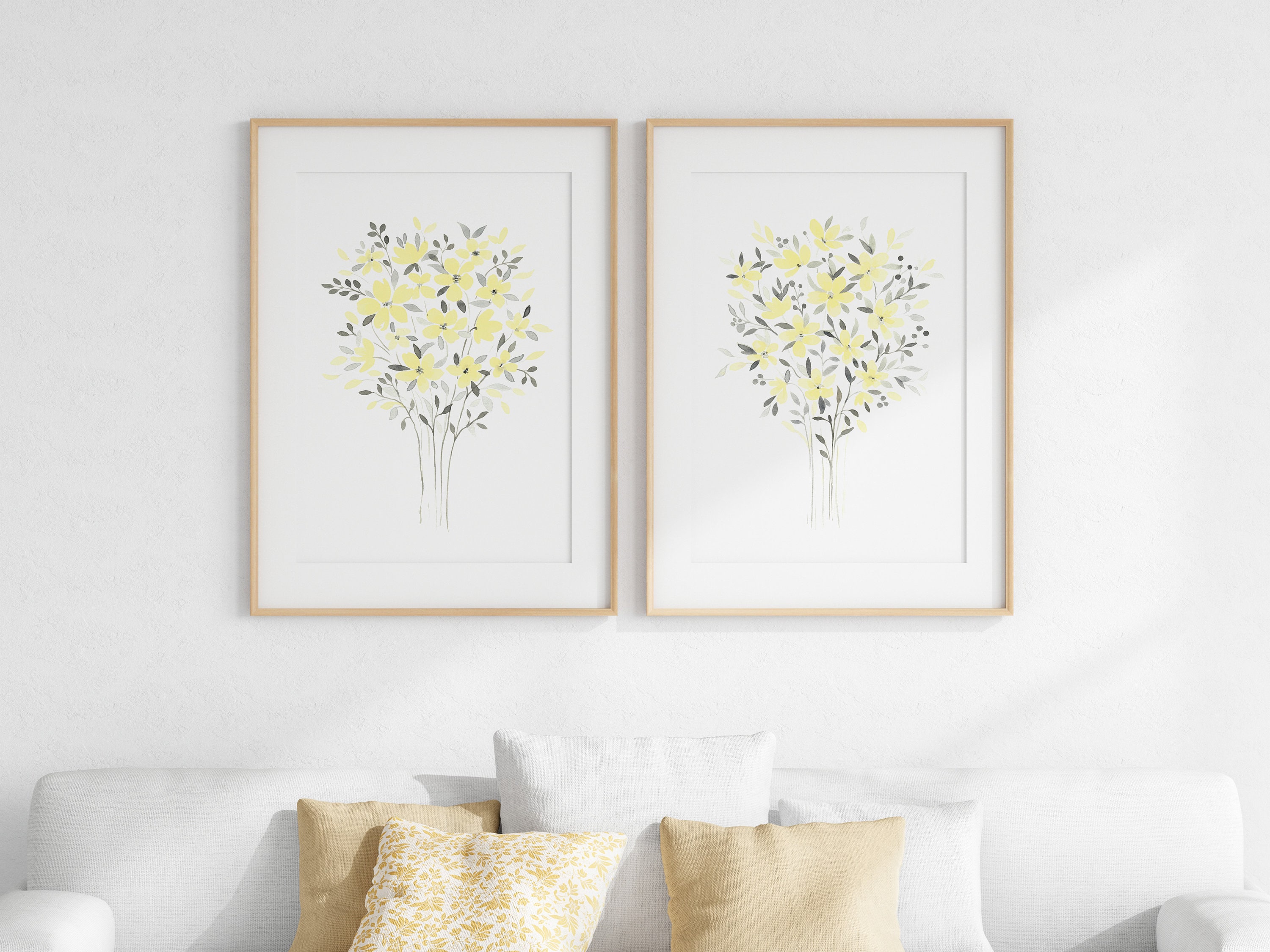 Yellow And Gray Flower Wall Art Printable Floral Watercolor Etsy