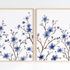 Art mural fleur bleu marine, lot de 2 impressions florales bleu marine, affiche de fleurs de cerisier, aquarelle botanique bleu marine à télécharger