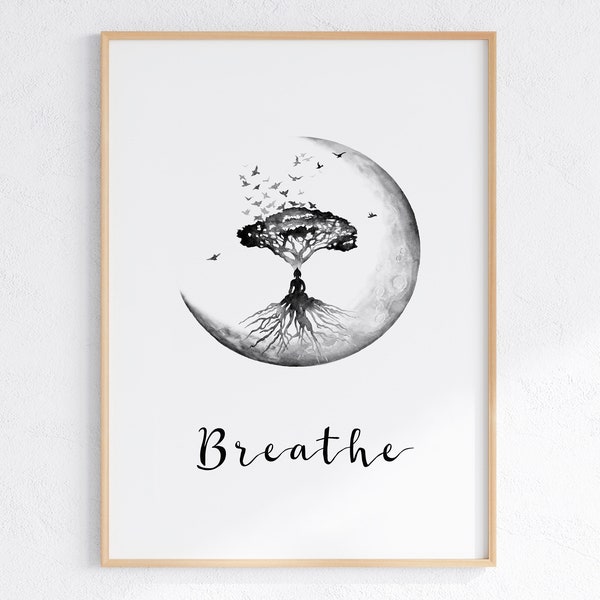 Breathe Poster, Calming Quotes, Mindfulness Art, Tree Of Life Print, Yoga Art Printable, Relaxing Wall Art, Meditation Artwork Downloadable