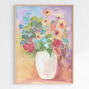 Impresión de acuarela de flores en jarrón, arte de pared de ramo floral colorido, cartel de flores botánicas abstractas, obra de arte de descarga digital