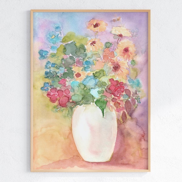 Flowers In Vase Watercolor Print, Colorful Floral Bouquet Wall Art, Abstract Botanical Flowers Poster, Digital Download Artwork